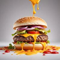 Delicious burger with many ingredients isolated on white background Tasty cheeseburger splash sauce photo
