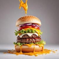 Delicious burger with many ingredients isolated on white background Tasty cheeseburger splash sauce photo