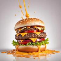 Delicious burger with many ingredients isolated on white background Tasty cheeseburger splash sauce photo