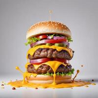 Delicious burger with many ingredients isolated on white background Tasty cheeseburger splash sauce photo