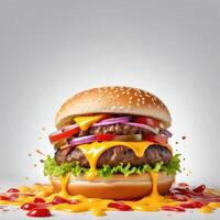 Delicious burger with many ingredients isolated on white background Tasty cheeseburger splash sauce photo