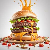 Delicious burger with many ingredients isolated on white background Tasty cheeseburger splash sauce photo