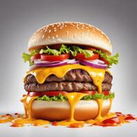 Delicious burger with many ingredients isolated on white background Tasty cheeseburger splash sauce photo