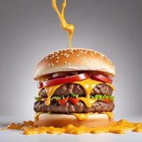Delicious burger with many ingredients isolated on white background Tasty cheeseburger splash sauce photo