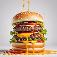Delicious burger with many ingredients isolated on white background Tasty cheeseburger splash sauce photo