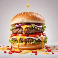Delicious burger with many ingredients isolated on white background Tasty cheeseburger splash sauce photo