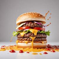 Delicious burger with many ingredients isolated on white background Tasty cheeseburger splash sauce photo