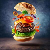 Burger with flying elements in the colorful background for banner photo