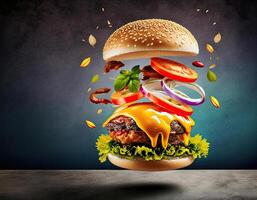 Burger with flying elements in the colorful background for banner photo