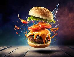 Burger with flying elements in the colorful background for banner photo