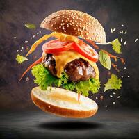 Burger with flying elements in the colorful background for banner photo