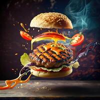 Burger with flying elements in the colorful background for banner photo