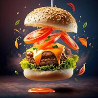 Burger with flying elements in the colorful background for banner photo