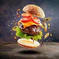 Burger with flying elements in the colorful background for banner photo