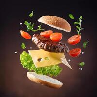 Burger with flying elements in the colorful background for banner photo
