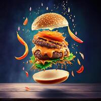 Burger with flying elements in the colorful background for banner photo