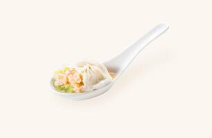 Green Squash and Shrimp Xiao long bao steamed bun dumpling served in spoon isolated on grey background side view of hong kong food photo