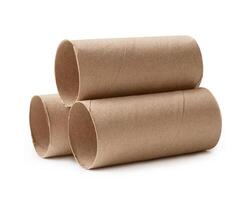 Side view of brown tissue paper cores in stack isolated on white background with clipping path photo
