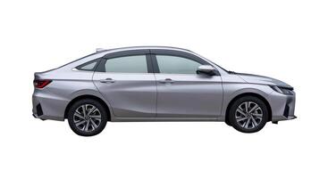 Side view of gray sedan car isolated on white background with clipping path photo