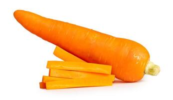 Side view of orange carrot with slices in stick shape in stack isolated on white background with clipping path photo