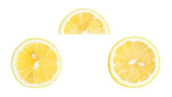 Top view set of yellow lemon halves with slice or quarter isolated on white background with clipping path photo