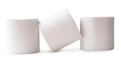 Front view of white tissue paper rolls in stack isolated on white background with clipping path photo