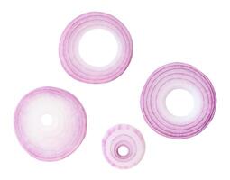 Top view set of red or purple onion slices or onion rings isolated on white background with clipping path photo