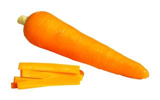 Top view set of single orange carrot with slices in stick shape isolated on white background with clipping path photo