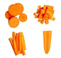 Top view set of orange carrot slices in circle and cube shape in stack isolated on white background with clipping path photo
