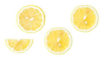 Top view set of yellow lemon halves with slice or quarter isolated on white background with clipping path photo