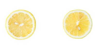 Top view set of yellow lemon halves or slices isolated on white background with clipping path photo