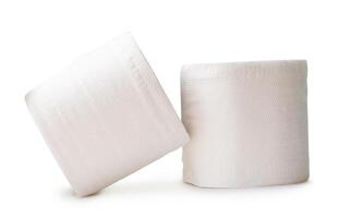 Front view of white tissue paper rolls in stack isolated on white background with clipping path photo