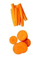 Top view set of orange carrot in circle and stick shape in stack isolated on white background with clipping path photo