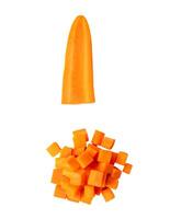 Top view set of orange carrot in cube and stick shape in stack isolated on white background with clipping path photo