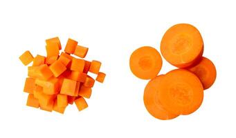Top view set of orange carrot in curcle and cube shape in stack isolated on white background with clipping path. photo