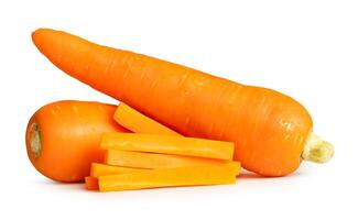 Side view of beautiful orange carrots with slices in stick shape in stack isolated on white background with clipping path photo
