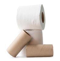 Front view of white tissue paper rolls with cores in stack isolated on white background with clipping path photo