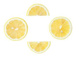 Top view set of yellow lemon halves and slices or quarter isolated on white background with clipping path photo
