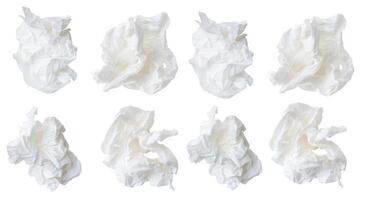 Top view set of crumpled or screwed tissue paper balls isolated on white background with clipping path photo