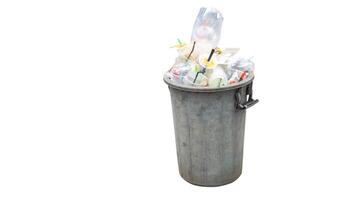 Old dirty gray plastic garbage can with a lot of garbage isolated on white background with clipping path photo