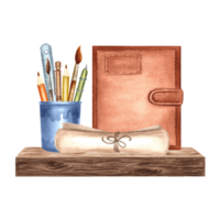 Notebook and writing supplies on woode shelf. Composition with parchment scroll. Hand drawn watercolor illustration isolated. Knowledge for all. Education concept. Template for card, sticker, website. png