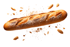 baguette bread with falling crumbs with Transparent Background png