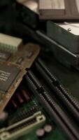 old computer floppy disk and motherboard video