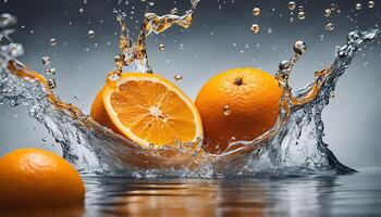 Juicy oranges splashed by water droplets, showcasing freshness and vitality photo