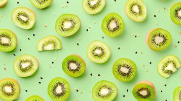 Seamless pattern of fresh green kiwi slices on a pastel green background photo