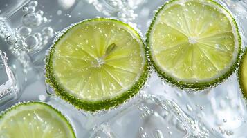 Refreshing lime slices floating in sparkling water with bubbles photo