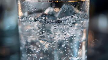 Close-up view of bubbles in a glass of sparkling water with a blurred background photo