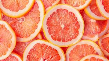 Close-up view of fresh and juicy grapefruit slices forming a vibrant background photo