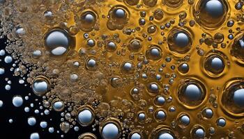 Close-up of metallic bubbles suspended in golden liquid, creating an abstract pattern photo