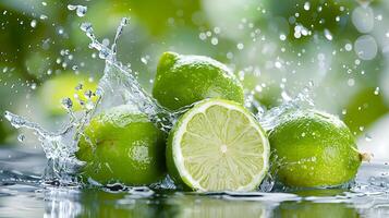 Fresh limes with water splash on green background photo